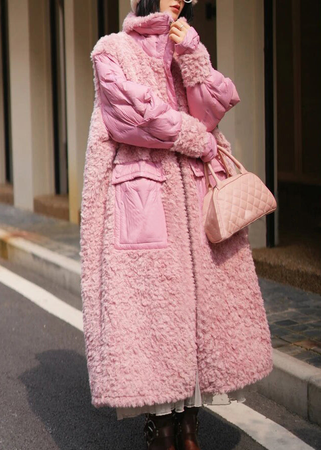 Pink Pockets Teddy Patchwork Long Parka Spring