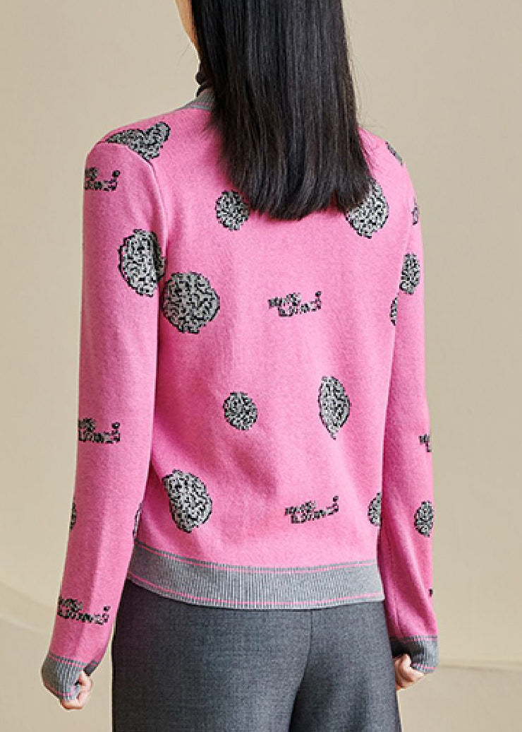 Pink Print Button Cotton Knit Cardigans Long Sleeve