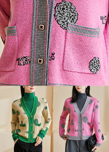 Pink Print Button Cotton Knit Cardigans Long Sleeve