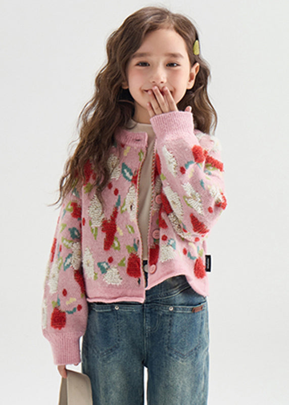 Pink Print Button Warm Cotton Knit Kids Cardigans Lantern Sleeve