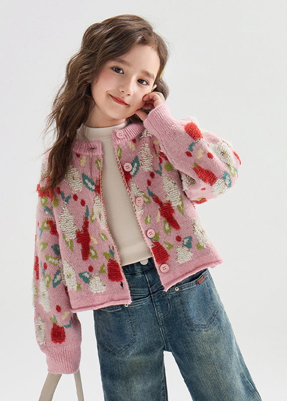 Pink Print Button Warm Cotton Knit Kids Cardigans Lantern Sleeve