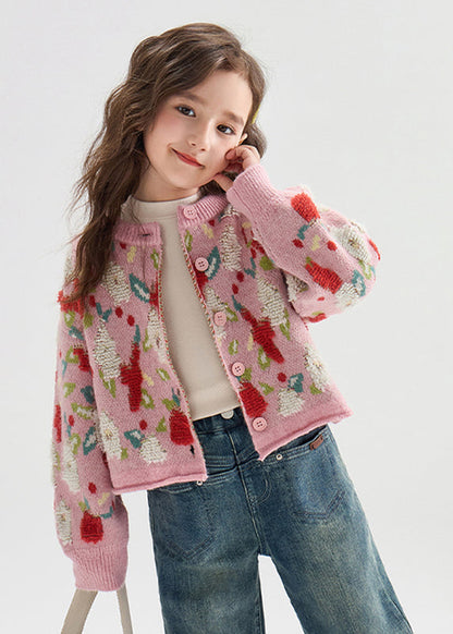 Pink Print Button Warm Cotton Knit Kids Cardigans Lantern Sleeve