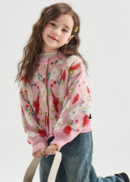 Pink Print Button Warm Cotton Knit Kids Cardigans Lantern Sleeve