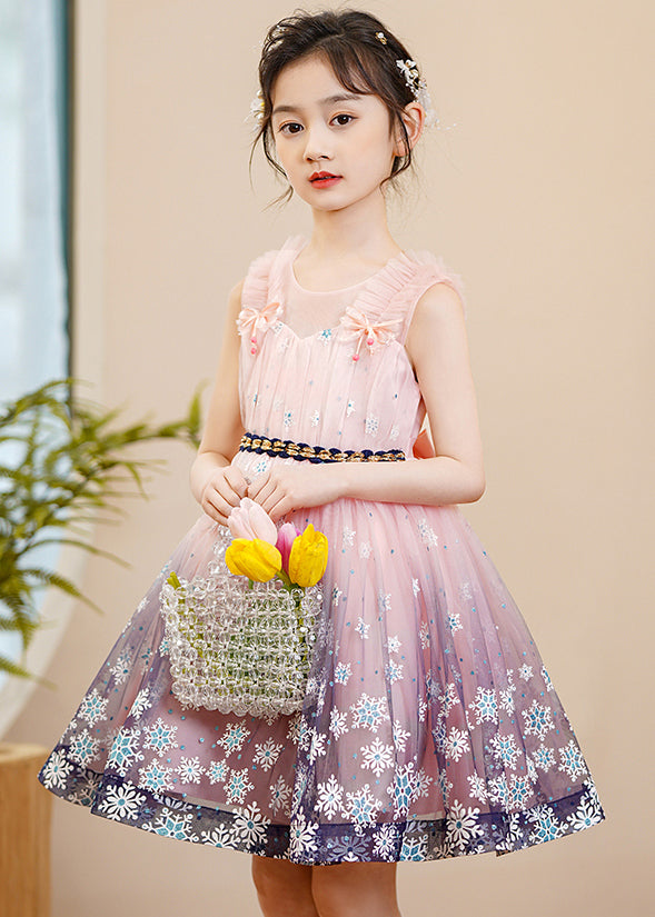 Pink Print Gradient Color Exra Large Hem Tulle Kids Robe Dresses Summer