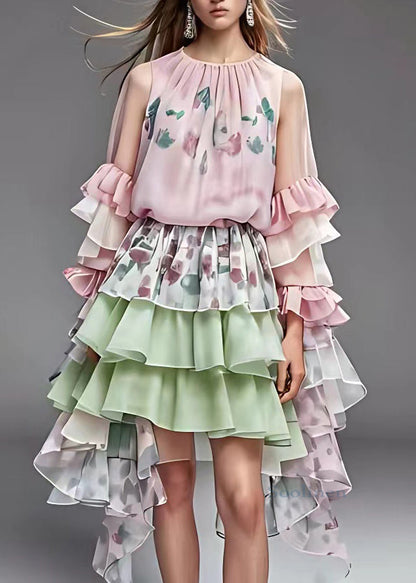 Pink Print Tulle Patchwork Holiday Chiffon Maxi Dress Fall