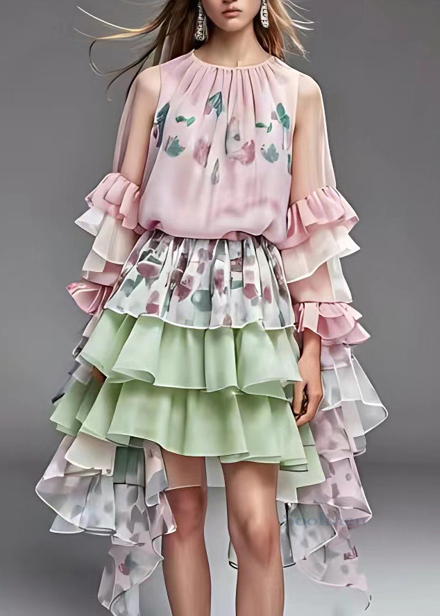 Pink Print Tulle Patchwork Holiday Chiffon Maxi Dress Fall