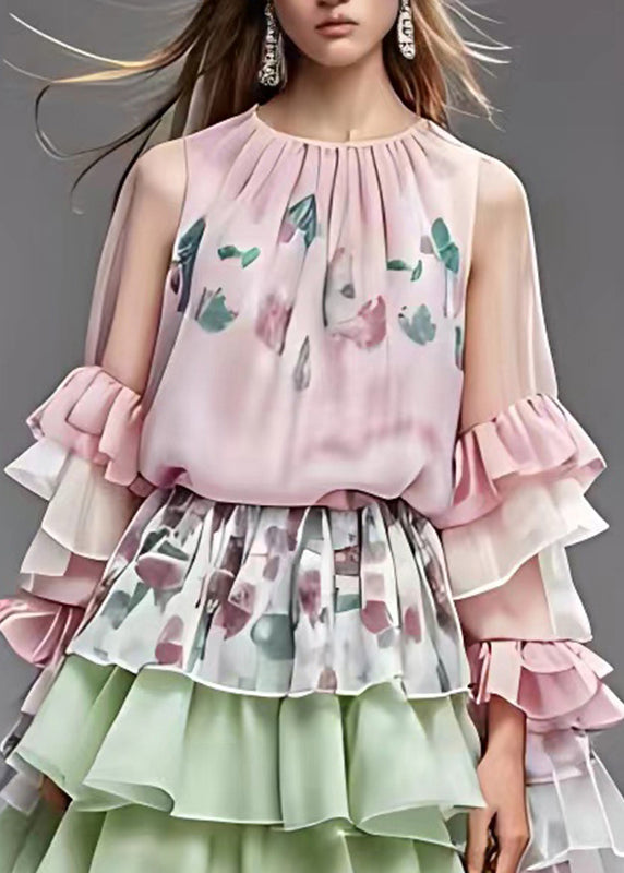 Pink Print Tulle Patchwork Holiday Chiffon Maxi Dress Fall