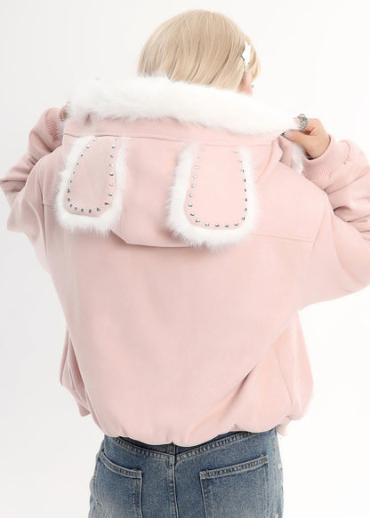 Pink Rabbit Ears Hooded Fleece Wool Lined Jacket Winter