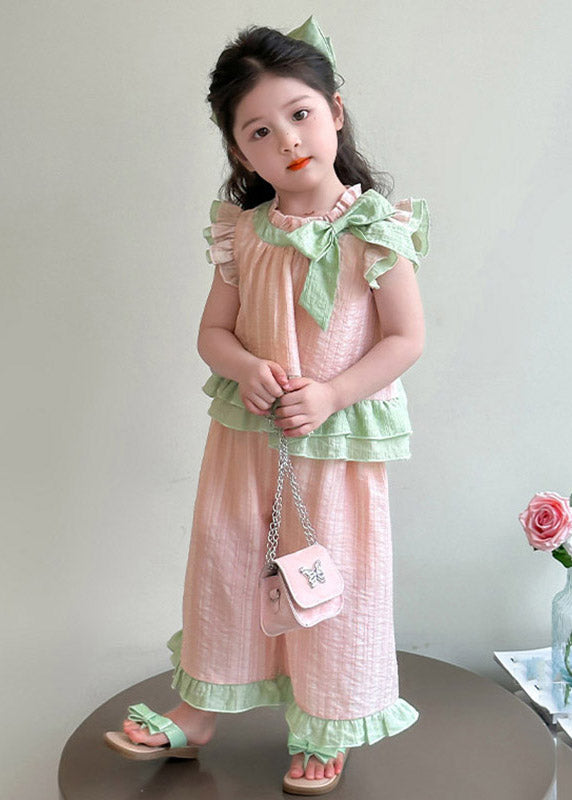 Pink Ruffled Bow Patchwork Kids Top and Wide Leg Pants Two Pieces Set Short Sleeve