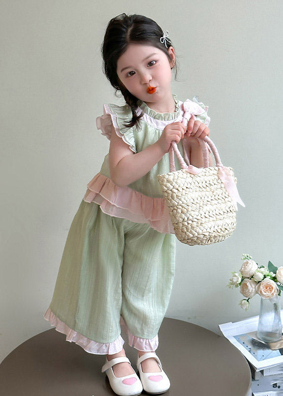 Pink Ruffled Bow Patchwork Kids Top and Wide Leg Pants Two Pieces Set Short Sleeve