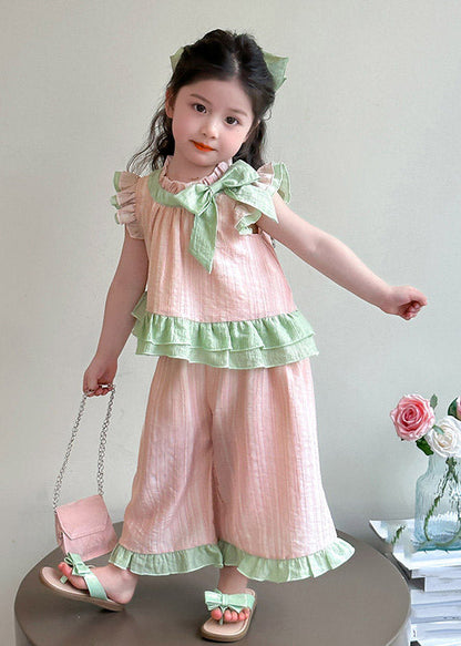 Pink Ruffled Bow Patchwork Kids Top and Wide Leg Pants Two Pieces Set Short Sleeve