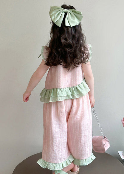 Pink Ruffled Bow Patchwork Kids Top and Wide Leg Pants Two Pieces Set Short Sleeve