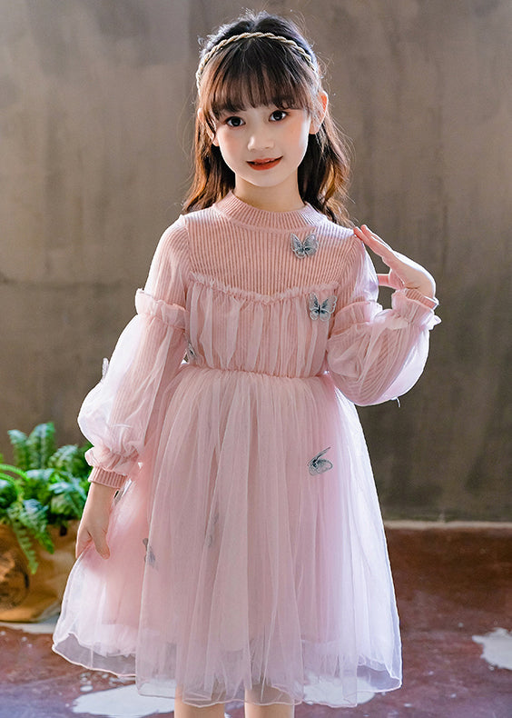Pink Ruffled Butterfly Patchwork Tulle Kids Dresses Fall