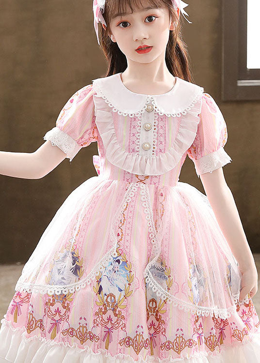 Pink Ruffled Cartoon Print Patchwork Chiffon Kids Princess Dress Summer