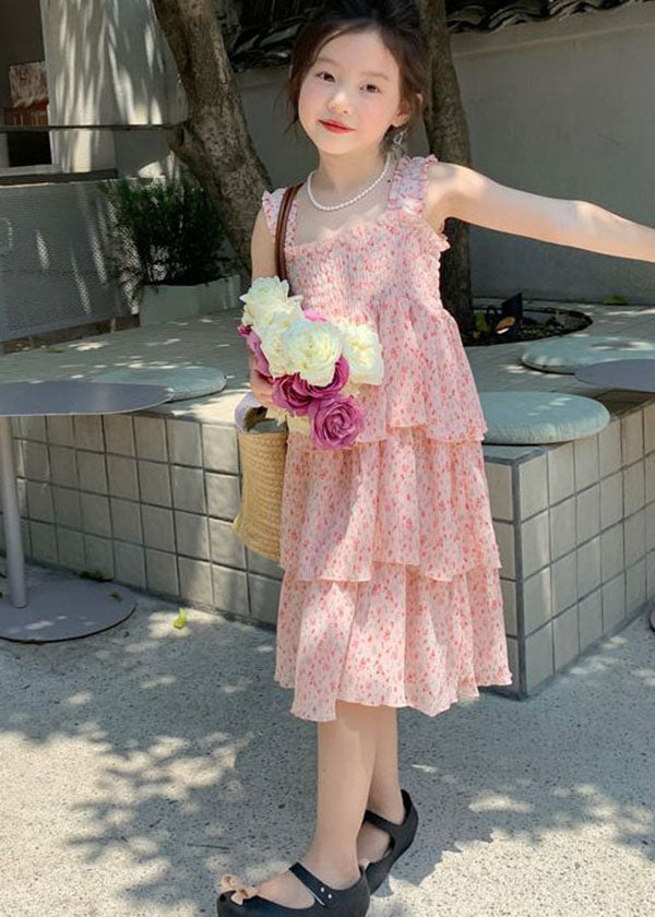 Pink Ruffled Layered Patchwork Chiffon Kids Dress Summer