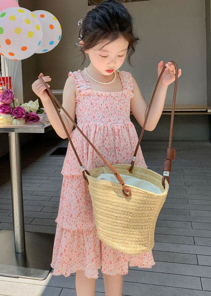 Pink Ruffled Layered Patchwork Chiffon Kids Dress Summer