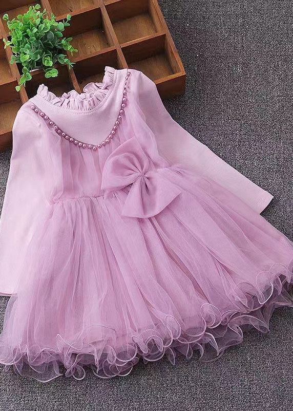 Pink Ruffled Nail Bead Patchwork Tulle Baby Dresses Fall