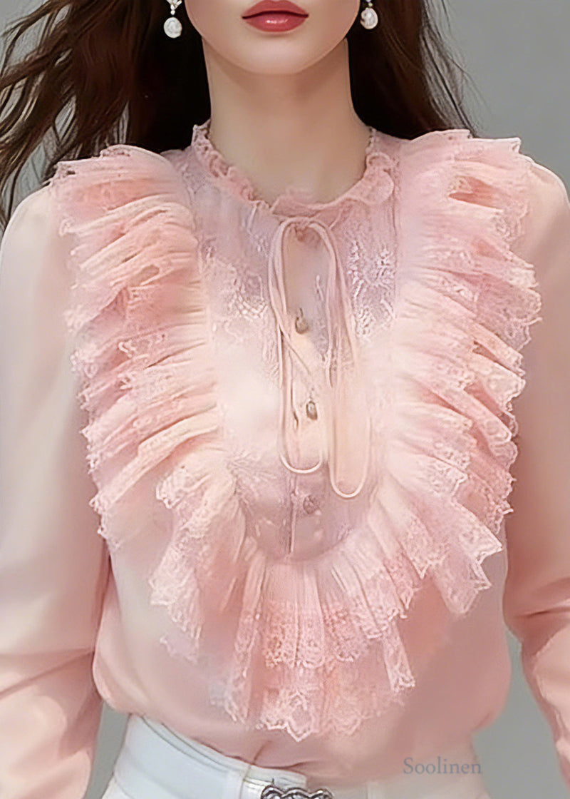 Pink Ruffled Patchwork Button Silk Shirts Flare Sleeve