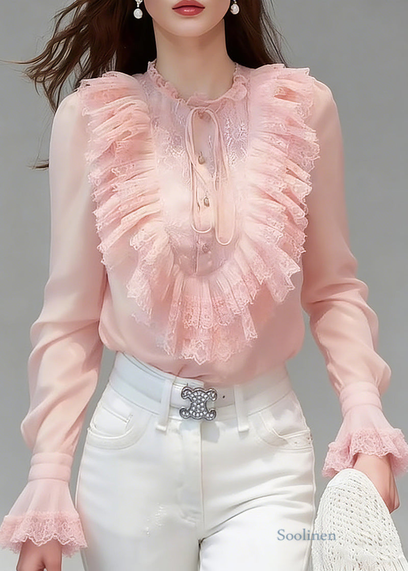 Pink Ruffled Patchwork Button Silk Shirts Flare Sleeve