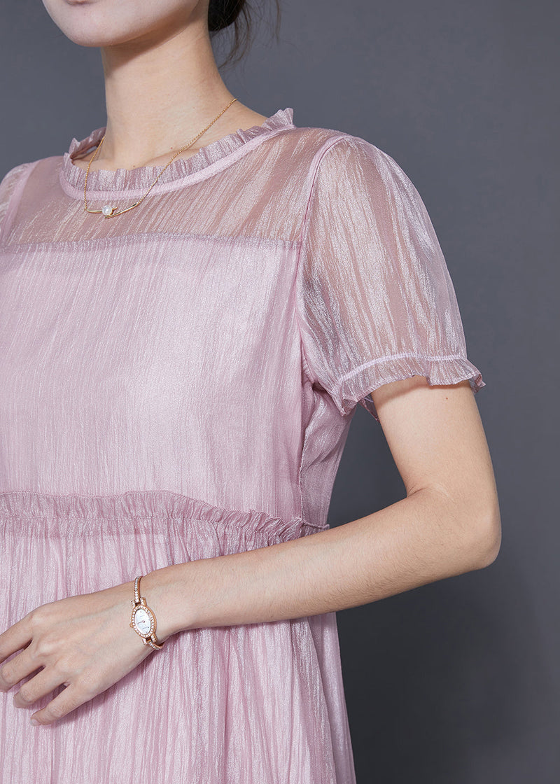 Pink Ruffled Patchwork Silk a Line Dress Summer