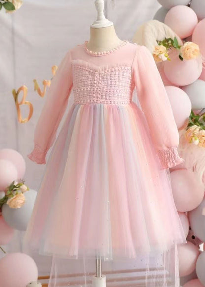 Pink Ruffled Patchwork Tulle Baby Dresses Fall