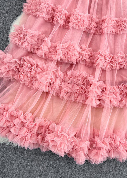Pink Ruffled Patchwork Tulle Cake Skirt Spring