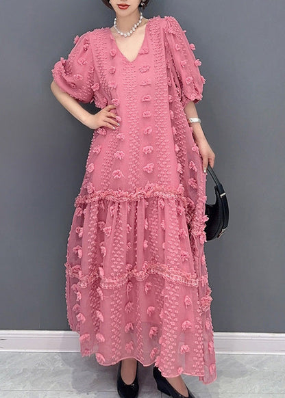 Pink Ruffled Patchwork Tulle Long Dress Summer