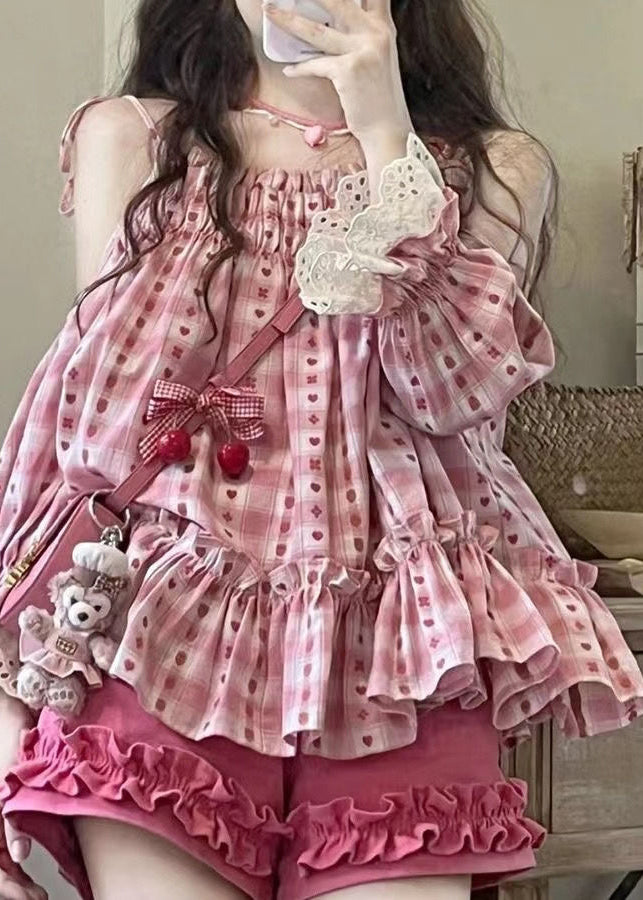 Pink Ruffled Print Patchwork Top and Shorts Two Pieces Set Summer