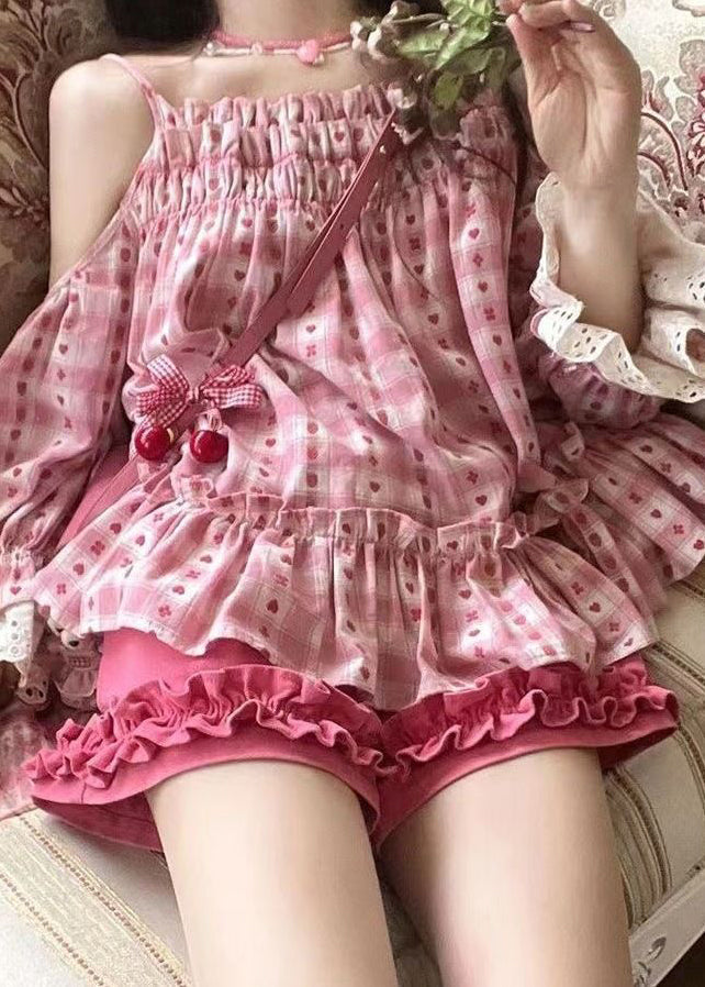 Pink Ruffled Print Patchwork Top and Shorts Two Pieces Set Summer