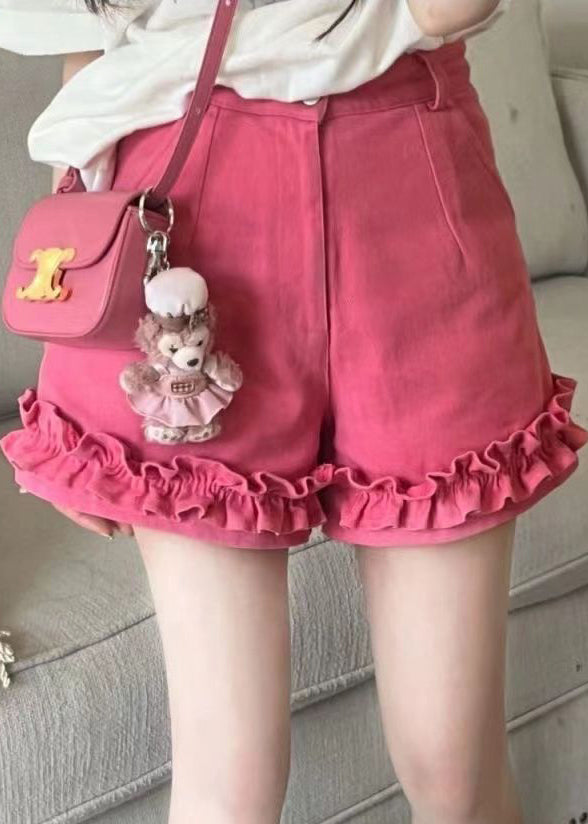 Pink Ruffled Print Patchwork Top and Shorts Two Pieces Set Summer