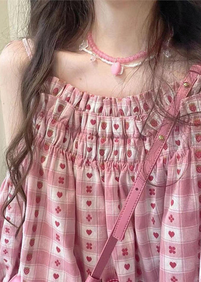 Pink Ruffled Print Patchwork Top and Shorts Two Pieces Set Summer