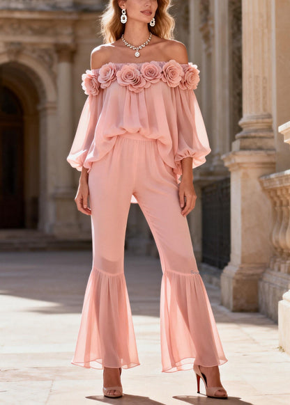 Pink Slash Neck Chiffon Top and Flared Trousers Two Pieces Set Lantern Sleeve