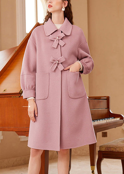 Pink Square Collar Bow Button Woolen Maxi Coat Spring