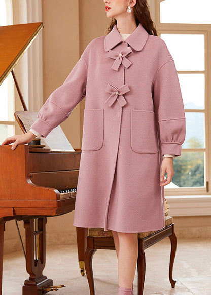 Pink Square Collar Bow Button Woolen Maxi Coat Spring