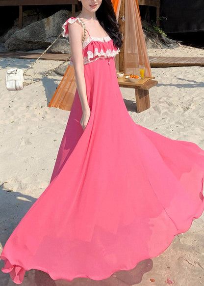 Pink Square Collar Ruffled Maxi Dresses Short Sleeve