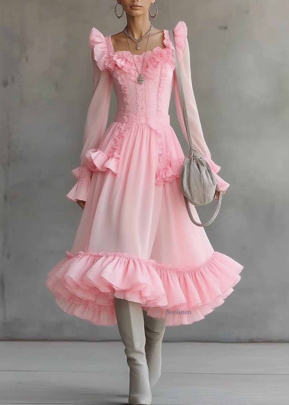 Pink Square Collar Ruffled Patchwork Tulle Maxi Dress Lantern Sleeve