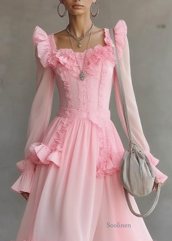 Pink Square Collar Ruffled Patchwork Tulle Maxi Dress Lantern Sleeve