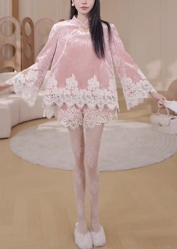 Pink Stand Collar Lace Patchwork Silk Velvet Shirts and Shorts Two Pieces Set Spring