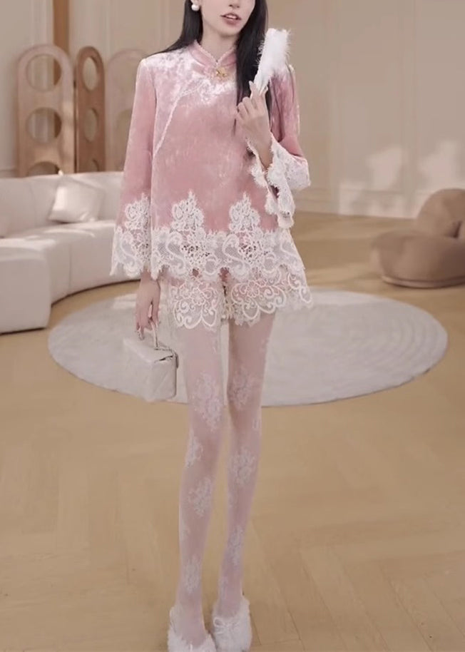 Pink Stand Collar Lace Patchwork Silk Velvet Shirts and Shorts Two Pieces Set Spring