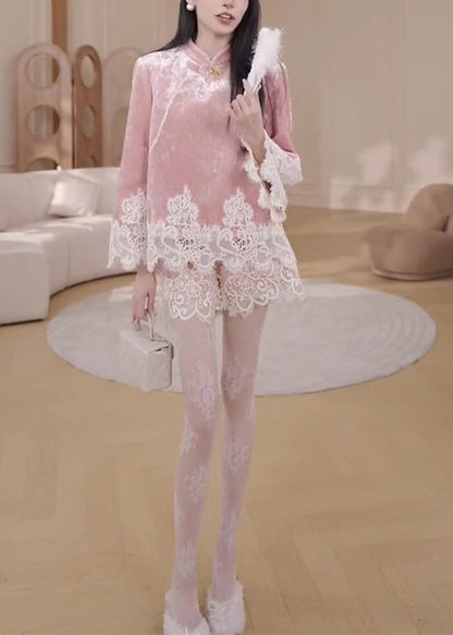 Pink Stand Collar Lace Patchwork Silk Velvet Shirts and Shorts Two Pieces Set Spring