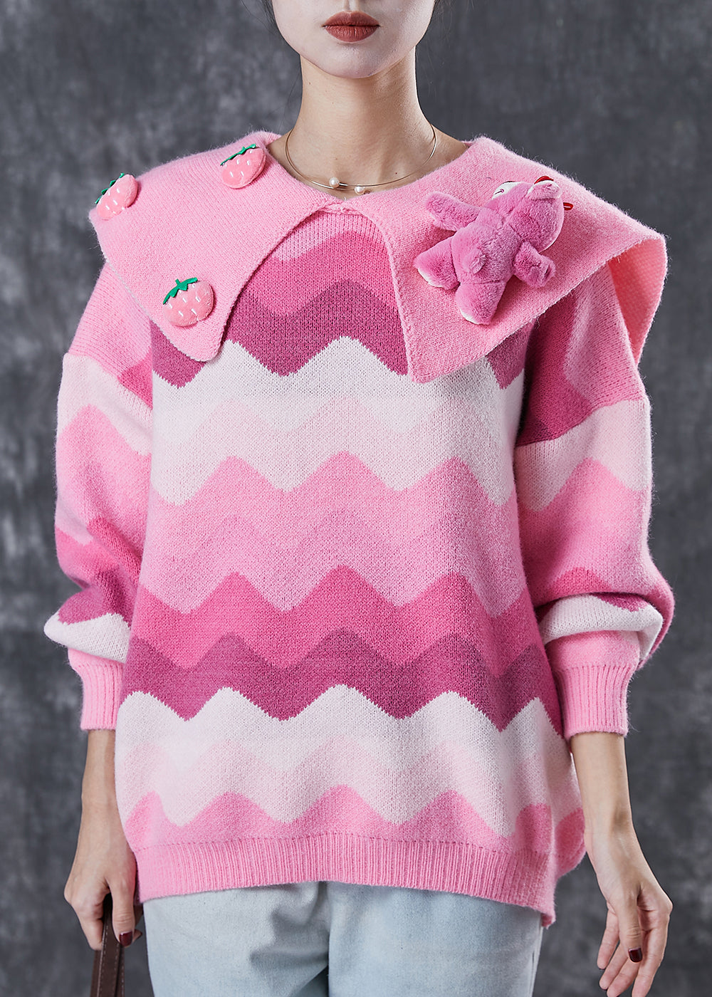 Pink Strawberry Bear Chunky Knit Sweaters Spring