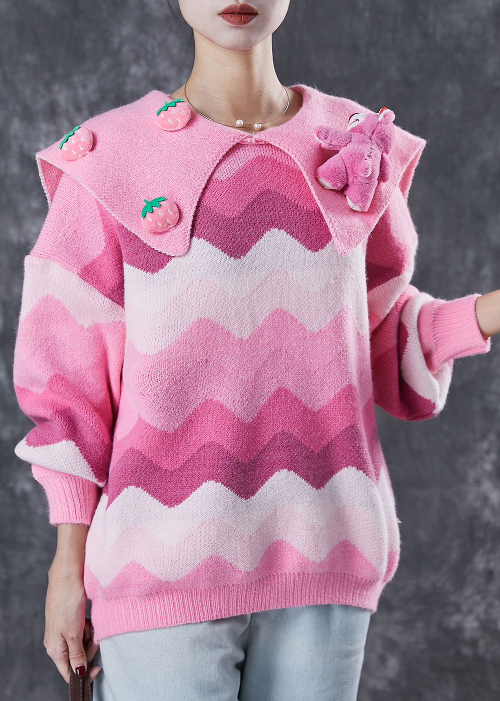 Pink Strawberry Bear Chunky Knit Sweaters Spring