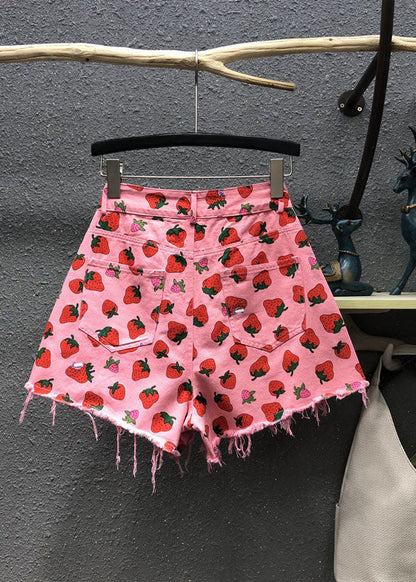 Pink Strawberry Print Pockets Denim Shorts Summer