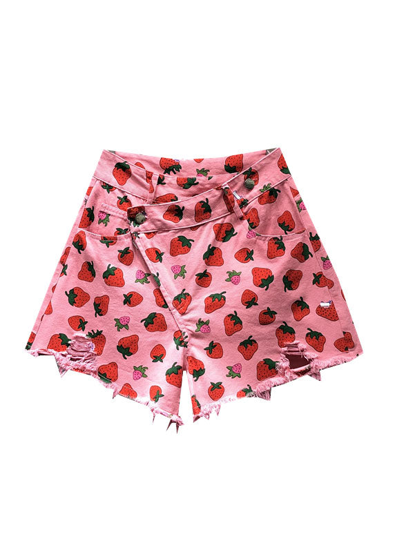 Pink Strawberry Print Pockets Denim Shorts Summer