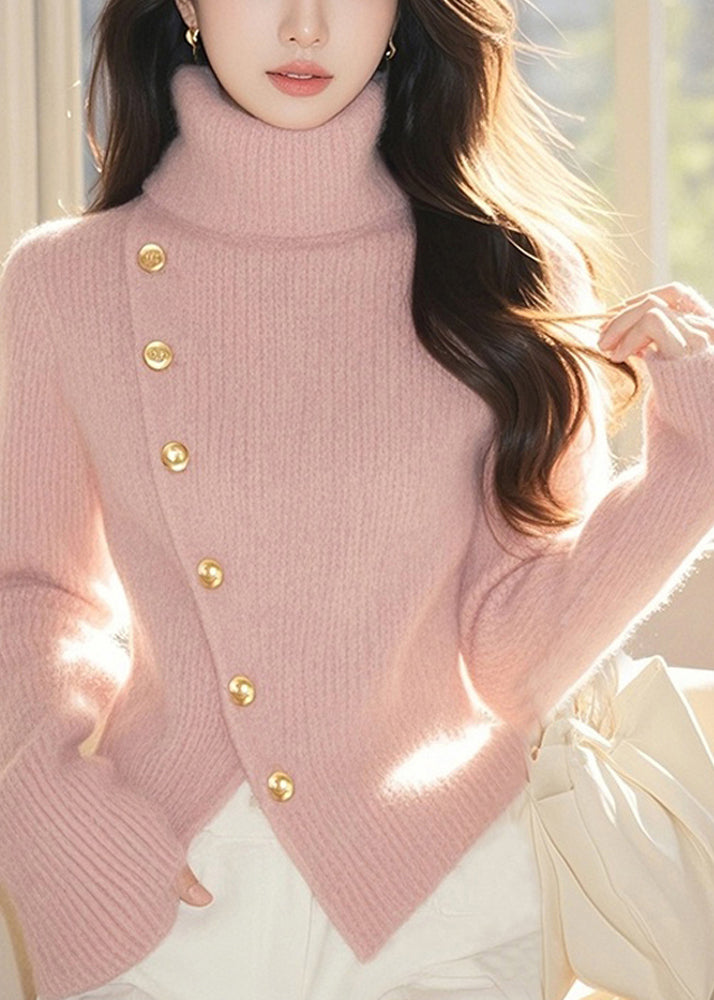 Pink Turtleneck Cotton Knit Sweater Tops Spring