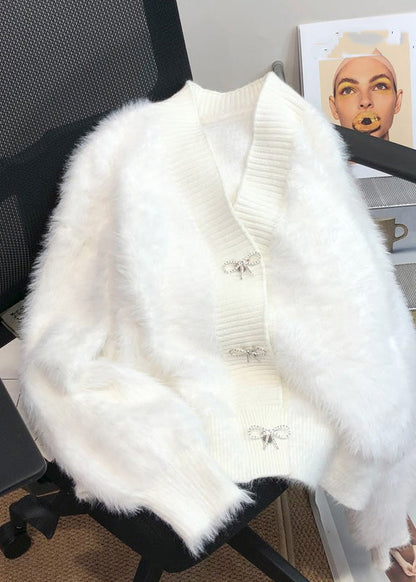 Pink V Neck Button Mink Hair Knitted Cardigan Winter