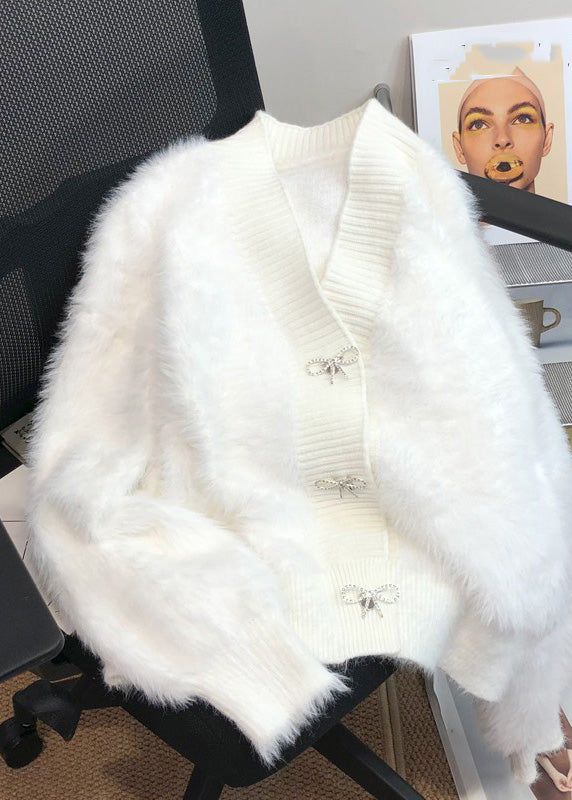Pink V Neck Button Mink Hair Knitted Cardigan Winter