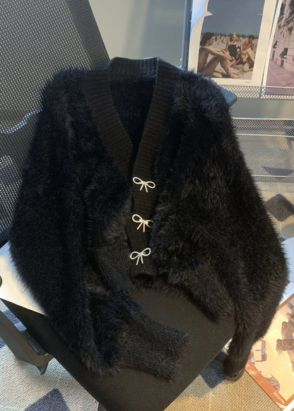 Pink V Neck Button Mink Hair Knitted Cardigan Winter