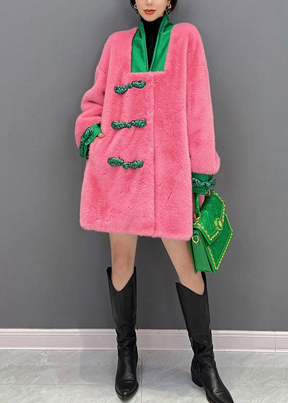 Pink V Neck Button Warm Thick Faux Fur Coats Winter