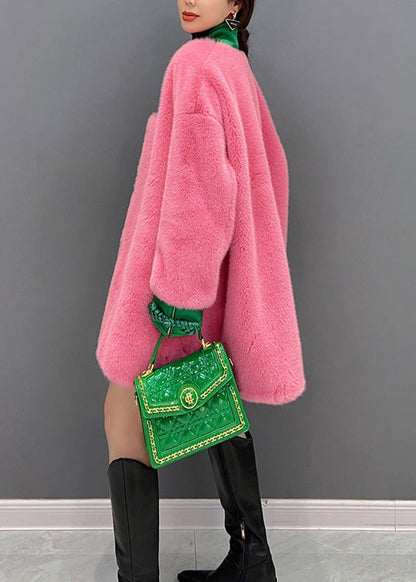 Pink V Neck Button Warm Thick Faux Fur Coats Winter